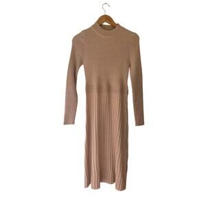 Aluedudu Ribbed Mock Neck Midi Sweater Dress Size M Taupe Neutral Fall
